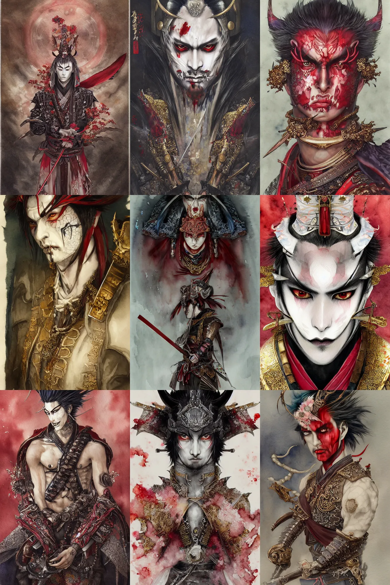 Prompt: watercolor painting of a handsome male japanese bjd samurai warrior vampire magus in the style of dark - fantasy painted by yoshitaka amano, tom bagshaw, ayami kojima, dmt art, symmetrical vogue face portrait, intricate detail, artstation, cgsociety, artgerm, rococo, sakura flowers, red, bronze