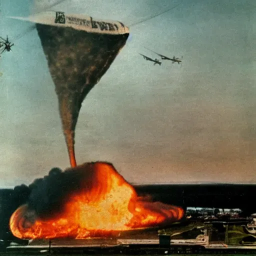 Image similar to the goodyear blip laughing at the hindenburg as the hindenburg goes down in flames, 4 k, realistic photo