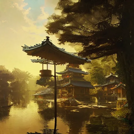 Prompt: A japanese solarpunk village on a sunny day, art by Albert Bierstadt and greg rutkowski, highly detailed, digital painting, matte painting, concept art, illustration, warm lighting, trending on artstation, very detailed