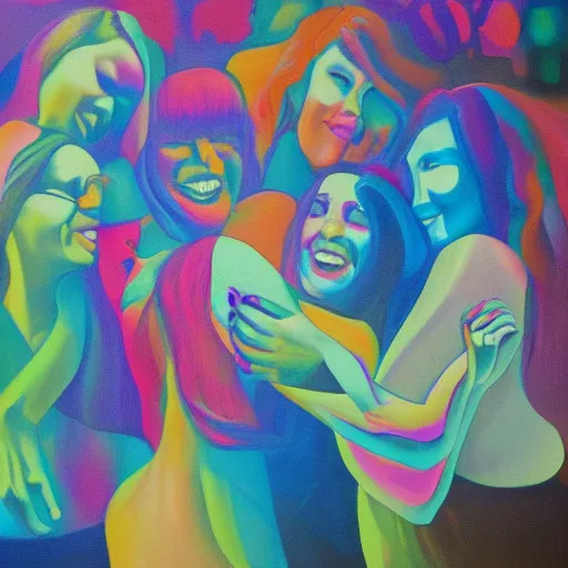 Prompt: psychedelic crowd of women laughing kissing cuddle pile oil on canvas-n 7