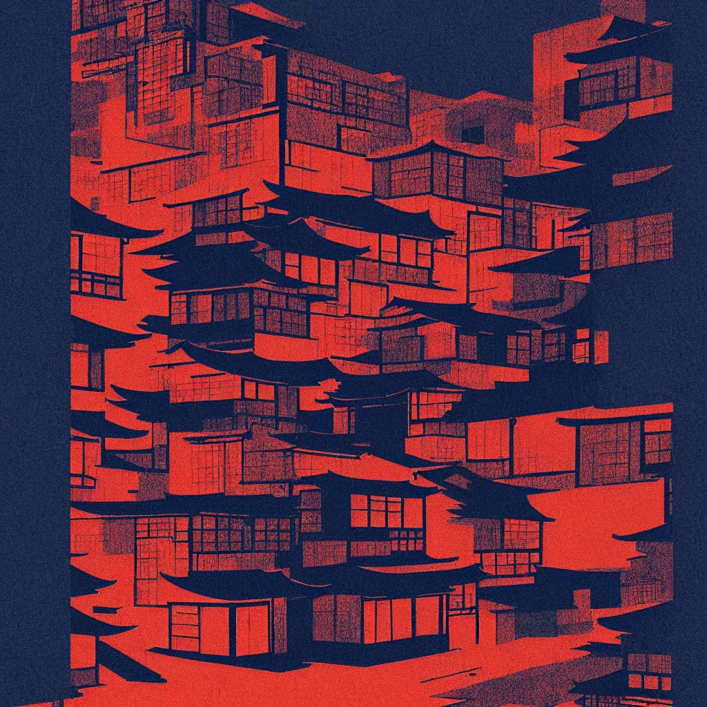 Image similar to old kyoto, mads berg, karolis strautniekas, film noir, stippled light, dramatic lighting, editorial illustration, detailed, fine texture, matte print, art deco, brutalism, dark blue + dark orange, red, black, ( ( habitat 6 7 background ) )