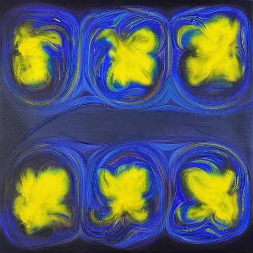 Image similar to an amazing ultrafine airbrush painting of blue and yellow flowers on a black background, by morris louis bernstein, georgia o ’ keefe, and rachel reckitt, deviantart, featured on dribble, metaphysical painting, biomorphic, oil on canvas, bioluminescene