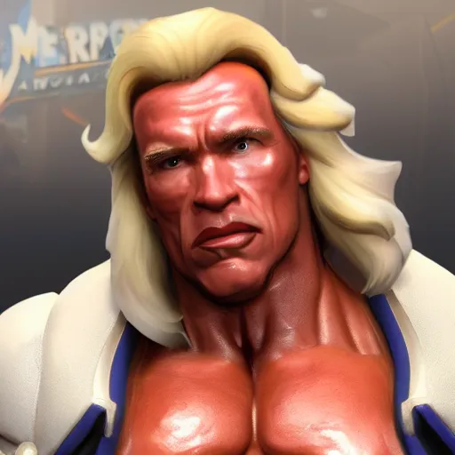 Image similar to a screenshot of arnold schwarzenegger as mercy in overwatch