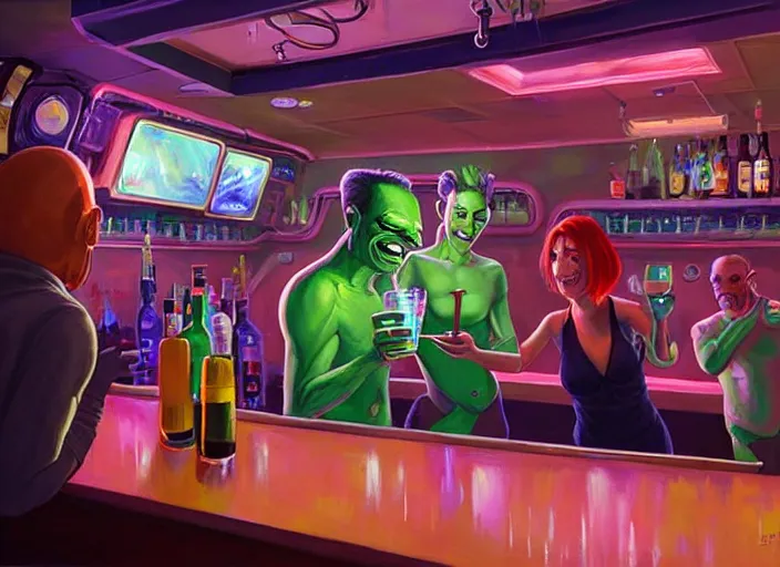 Image similar to crowded dive bar on a space station. an alien bartender serves a drink to a drunk human. painting by dan volbert and mandy jurgens and deiv calviz and lim chuan shin