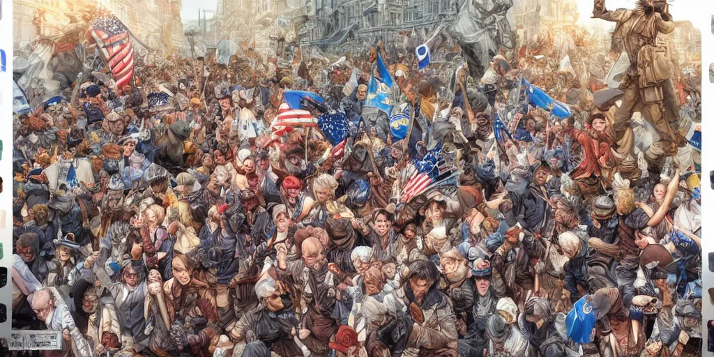 Image similar to i am happy to join with you today in what will go down in history as the greatest demonstration for freedom in the history of our nation. ultrafine detailed colored hyperrealistic illustration by kim jung gi, james jean, intricate linework, sharp focus, octopath traveler, final fantasy, unreal engine highly rendered, global illumination, radiant light, intricate environment