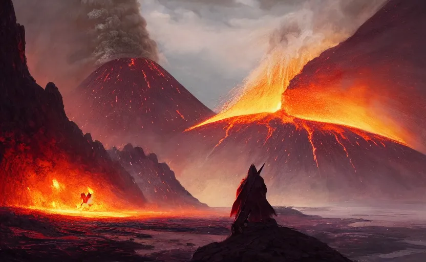 Prompt: a lone knight with a sword on the side of an erupting volcano, magma and fiery rock, fantasy art, 8k, james gurney, greg rutkowski, john howe, artstation