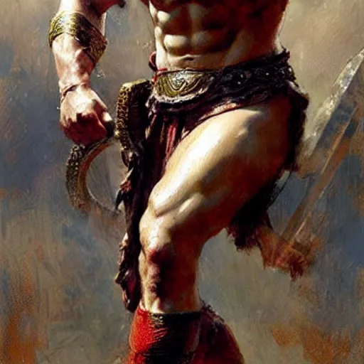 Image similar to Henry Cavill as a roman warrior, muscular, thighs!!!!, painting by Gaston Bussiere, Craig Mullins