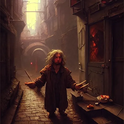 Image similar to Drug addict hobbit smoking crack in a dark alley, ultra realistic, concept art, intricate details, eerie, highly detailed, photorealistic, octane render, 8k, unreal engine, art by artgerm and greg rutkowski and alphonse mucha