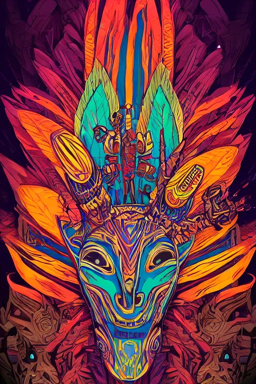 Image similar to totem animal tribal chaman vodoo mask feather gemstone plant wood rock video game illustration vivid color borderlands by josan gonzales and dan mumford radiating a glowing aura