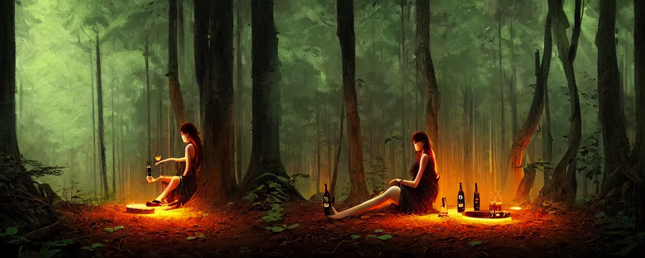 Image similar to girl drink jack daniels in forest, detailed digital art by greg rutkowski.