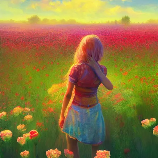 Image similar to face of carnations flower, girl in a flower field, surreal photography, sunrise dramatic light, impressionist painting, colorful clouds, digital painting, artstation, simon stalenhag, flower face