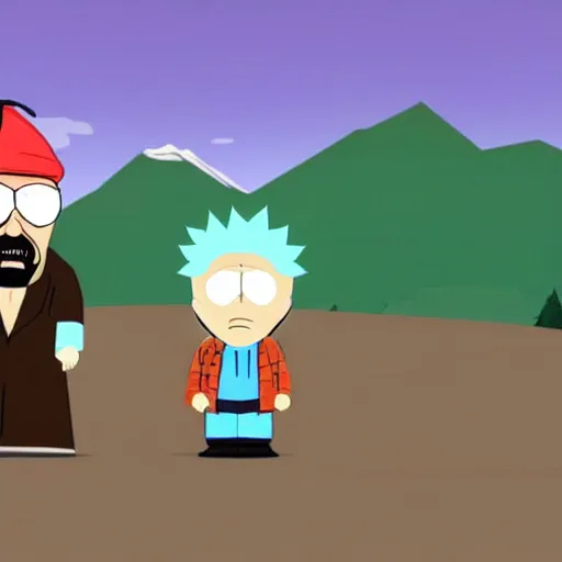 Prompt: walter white talking with rick sanchez in south park