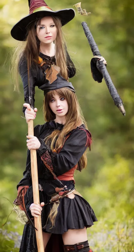 Image similar to young woman witch with magic wand and broom cosplay, she wears boots, full body shot, detailed face, photo taken by nikon, 4k, high quality, very detailed, intricant