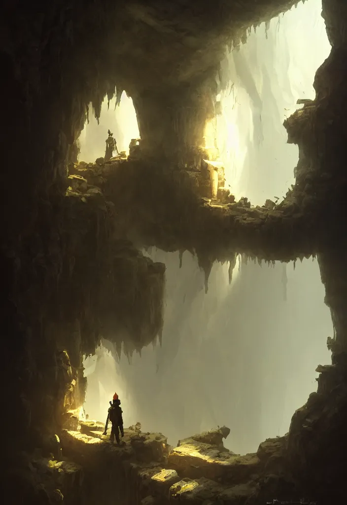 Image similar to a concept art painting of an explorer at the bottom of an ancient well, upward angle, dramatic shadows, a monster crawls on the walls by tuomas korpi, pablo carpio, gilles beloeil, trending on artstation, highly detailed, atmospheric, directional lighting, cinematic