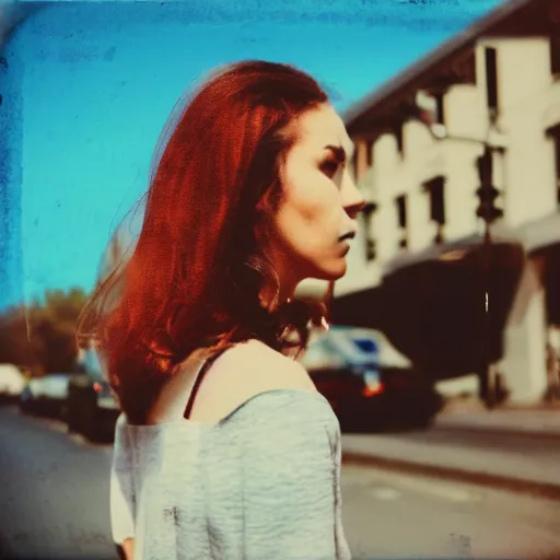 Prompt: colorful instant photograph of a woman in the middle of the street, polaroid, light leak, raw, nostalgic, daylight, blue sky, clouds