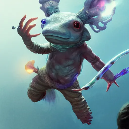 Image similar to Anthropomorphized Axolotl magician casting bright magic light spell, D&D, fantasy, cinematic lighting, centered, highly detailed, digital painting, artstation, concept art, smooth, sharp focus, illustration, volumetric lighting, 8k, art by Akihiko Yoshida and Greg Rutkowski