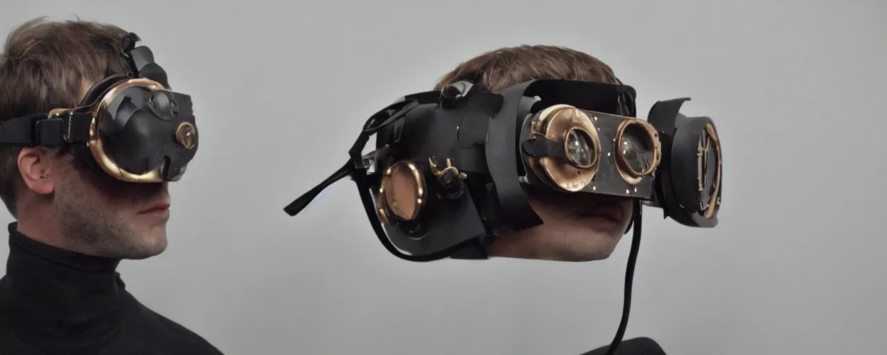 Image similar to vintage photo of advanced complex steampunk VR headset, borg