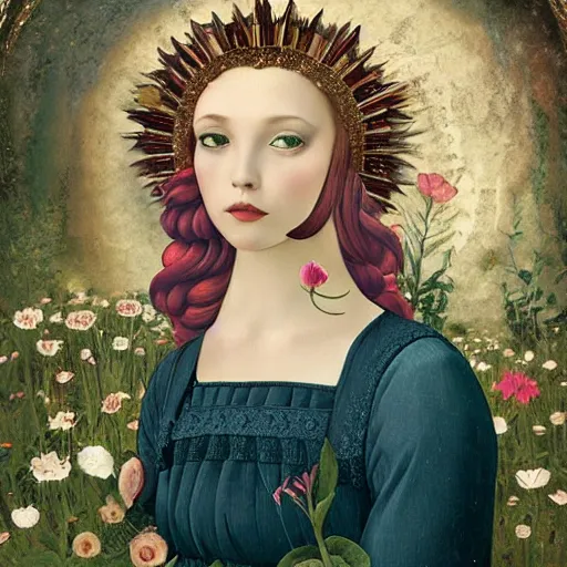 Prompt: portrait of young woman in renaissance dress and a surreal renaissance headdress, very surreal garden art by christian schloe and botticelli, naotto hattori, amy sol - n 6