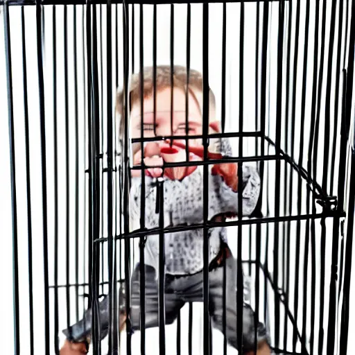 Prompt: a tiny man trapped in a cage in need of help