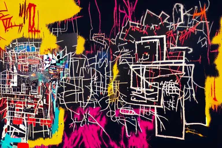 Prompt: punk rock cover, multilayer glitch effect in spatial perceptron synapses, matte painting, 4 k, epic composition, volumetric light, abstract illusionism, by jean - michel basquiat