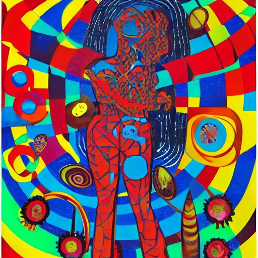 Image similar to A collage. A rip in spacetime. Did this device in her hand open a portal to another dimension or reality?! cosmic horror by Faith Ringgold, by Alexander Milne Calder vivid