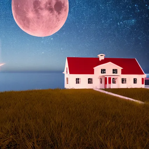 Image similar to A red and white striped lighthouse shining out onto the sea; a white house with a red roof with the lights on inside; thin dark trees behind; nighttime with stars behind; full moon;Octane 8K Rendering,