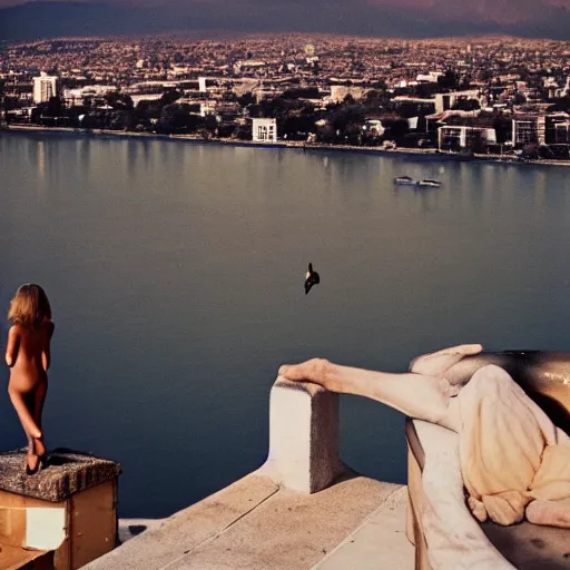 Image similar to ryan mcginley photograph, leica s, kodachrome, rooftop, los angeles, moon, downtown, echo park, lake, swans, landscape, cigarette