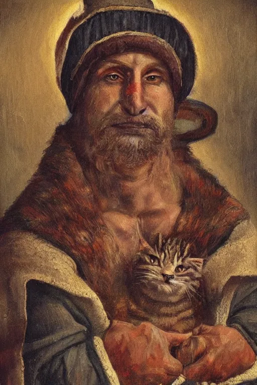 Image similar to Slavic cat head man, woolen torso in medieval clothes, Saint Christopher, oil painting, hyperrealism, beautiful, high resolution, trending on artstation