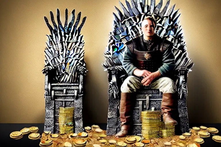 Image similar to man sitting, on a throne made of money, coins and dollars, in the style of game of thrones