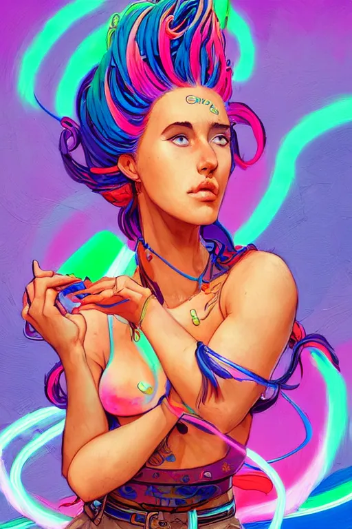 Image similar to a award winning portrait of a beautiful woman with stunning eyes in a one off shoulder croptop and cargo pants with rainbow colored hair, outlined by whirling illuminated neon lines and fine lines swirling in circles by jesper ejsing, digital art, trending on artstation