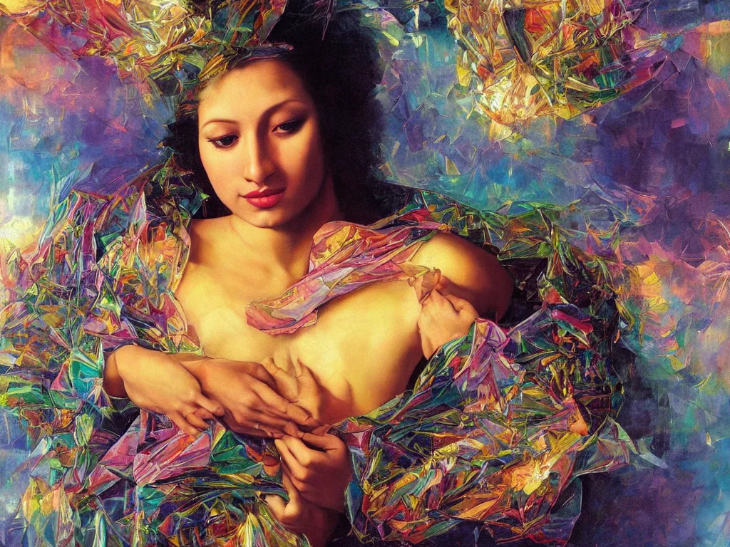 Prompt: hyperrealistic still life painting of a calm goddess, divine feminine, surrender, wrapped in fabric and gently smiling, surrounded by refracting reflecing rainbow prisms in a tesseract, botanical print, surrealism, vivid colors, serene, golden ratio, sacred geometry, abstract impasto brushtrokes, by Caravaggio, rule of thirds