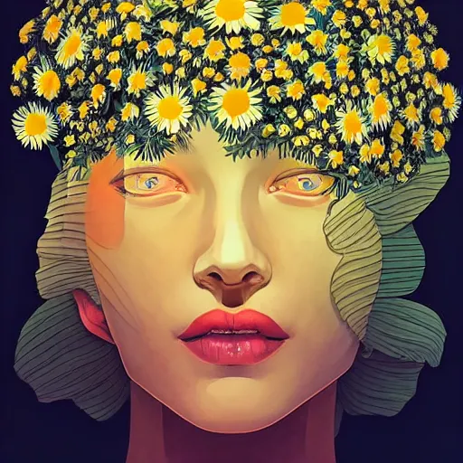 Image similar to closeup, huge daisy flower head, woman in modern apartment, surreal, dramatic light, by victo ngai by james jean, by rossdraws, frank franzzeta, mcbess