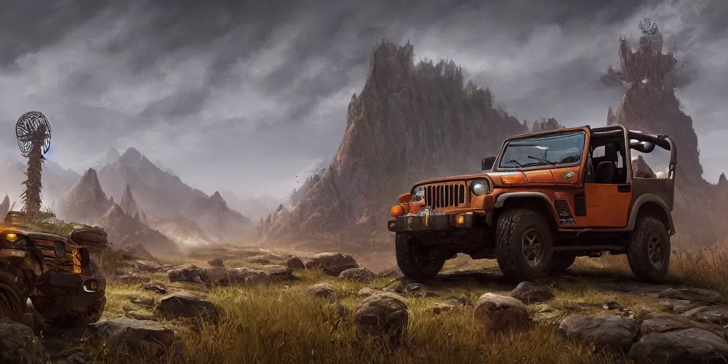 Prompt: Mahindra Thar, an epic fantasy, dramatic lighting, cinematic, establishing shot, extremely high detail, photorealistic, cinematic lighting, artstation, by simon stalenhag, The Elder Scrolls III: Morrowind, the Nerevarine drives across Morrowind