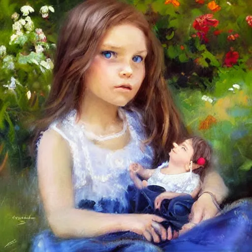 Prompt: a little girl with short wavy light brown hair and blue eyes sitting in a lovely garden. beautiful painting by raymond swanland, beautiful detailed face.