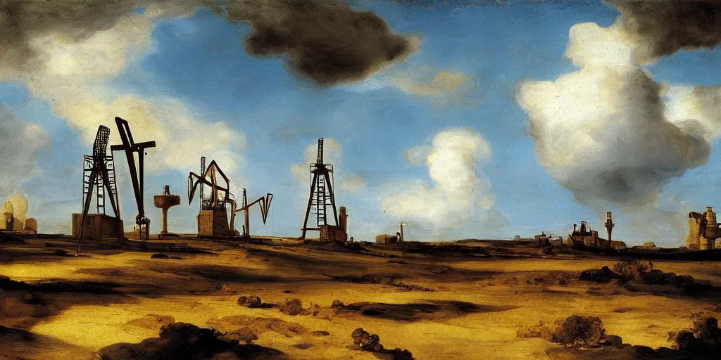 Prompt: hyper detailed painting of blue sky and white puffy clouds over empty parched hilly plains with tiny industrial oil well pumpjacks, by francisco goya and rembrandt