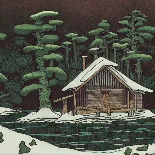 Image similar to a painting of a eerie cabin in the middle of the woods in the style of hokusai