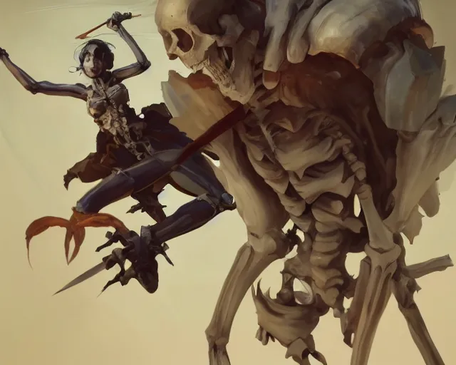 Prompt: young woman fighting a skeleton elegant, sharp focus, illustration, highly detailed, concept art, matte, trending on artstation, anime, art by james jean and artgerm and brian despain and alberto mielgo, greg rutkowski, wlop, ilya kuvshinov, strong strokes