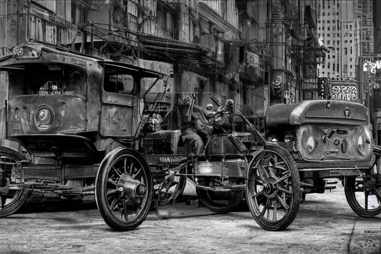 Image similar to cyberpunk 1 9 0 8 model ford t by paul lehr, metropolis, vintage, solar, black and white photo