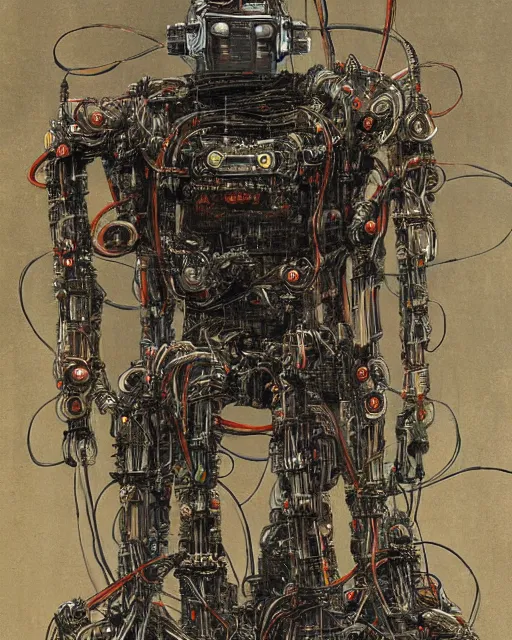 Prompt: Kuniyoshi portrait of a robot saint made of cables and robotic pod by greg rutkowski