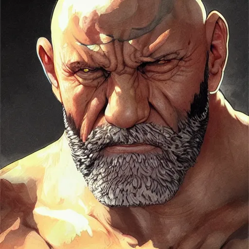 Image similar to mike ehrmantraut as sagat street fighter, jump punch, 4 k, ultra realistic, detailed focused art by artgerm and greg rutkowski and alphonse mucha