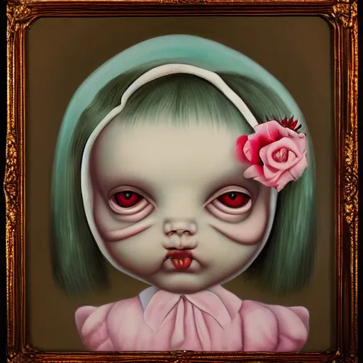 Prompt: a painting in the style of mark ryden and in the style of irakli nadar.