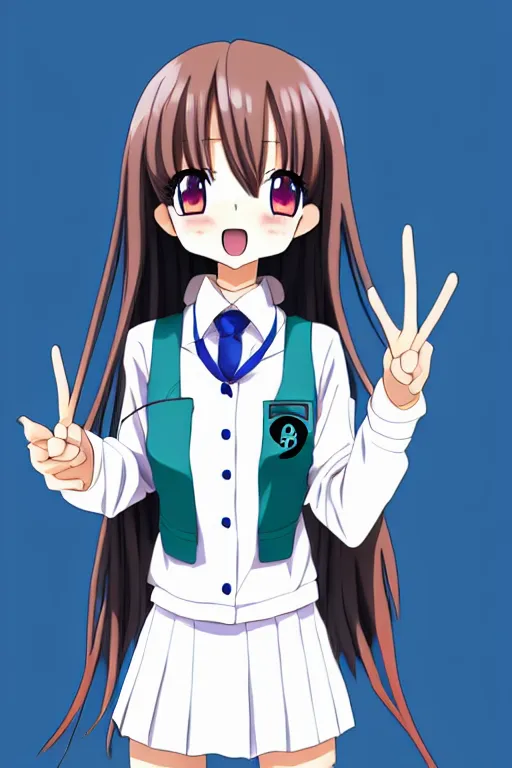 Image similar to full body anime portrait of a cute android girl round eyes long hair dressed in a school uniform inside the school, peace sign, stunning, highly detailed, anatomically correct