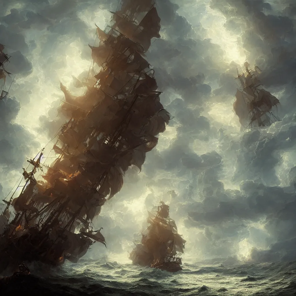 Image similar to pirate ship in a storm, hurricane, fantasy epic legends stylized digital illustration radiating a glowing aura illumination ray tracing hdr fanart arstation, 8 k, art by greg rutkowski, ultra detailed