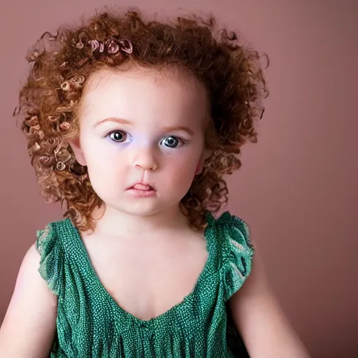 Prompt: perfect baby beauty itself. with a bit of freckles and beautiful bright green eyes red curled hair perfect light pink lips stare intently, award winning studio portrait