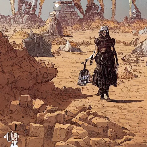 Image similar to a steampunk woman walks in the desert, in the distance you can see a futuristic city, art by moebius, highly detailed, sharp focus,