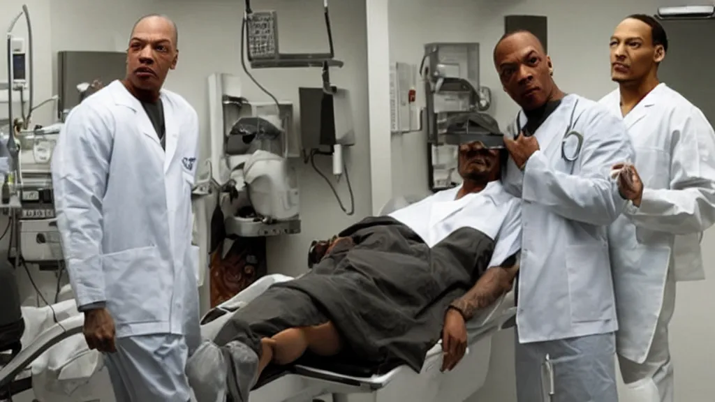 Image similar to Dr. Dre in surgeon scrubs in an emergency room, treating Snoop Dogg