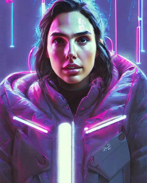 Image similar to detailed portrait Gal Gadot Neon Operator Girl, cyberpunk futuristic neon, reflective puffy coat, decorated with traditional Japanese ornaments by Ismail inceoglu dragan bibin hans thoma greg rutkowski Alexandros Pyromallis Nekro Rene Maritte Illustrated, Perfect face, fine details, realistic shaded, fine-face, pretty face