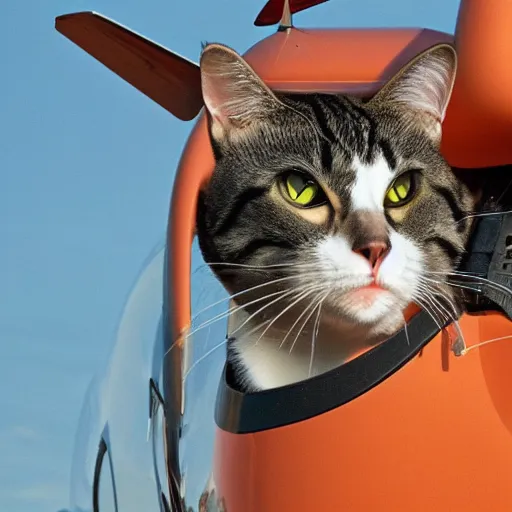 Prompt: A cat with a pilot cap piloting an airplane, photography