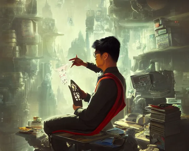 Image similar to an insanely detailed painting of a nerdy asian man wearing a superhero costume, sitting at a desk, staring at the nervously at the computer and typing, in the style of peter mohrbacher, dramatic lighting and composition, octane render, pixar, trending on artstation, concept art, comic book, view from behind