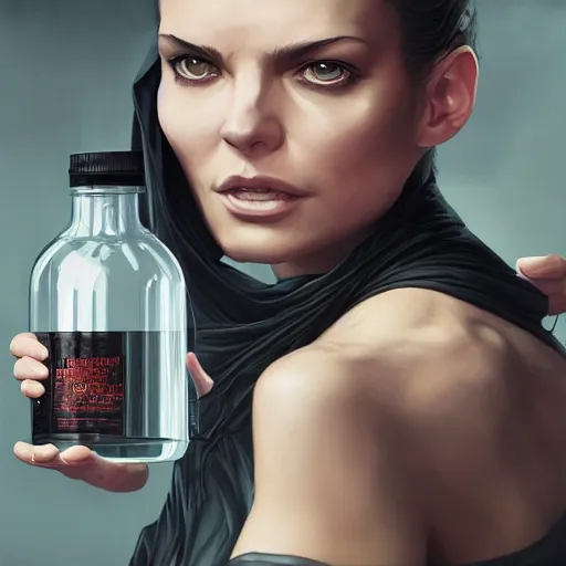 Image similar to concept art of a modern dietary supplement in a transparent bottle with a black sticker on it by aenaluck, artgerm and roberto ferri and greg rutkowski, highly detailed portrait, star wars expanded universe, digital painting, artstation, concept art, smooth, sharp foccus ilustration hq